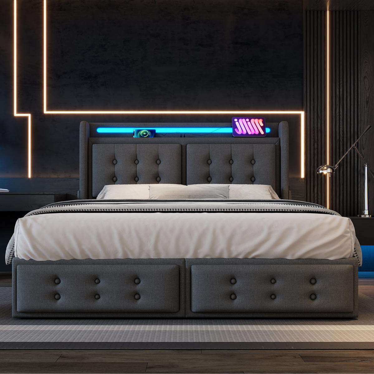 POLSTERBETT 140/200 cm Grau mit LED-Beleuchtung und USB-Anschlüssen - Grau, Textil (140/200cm) - OKWISH