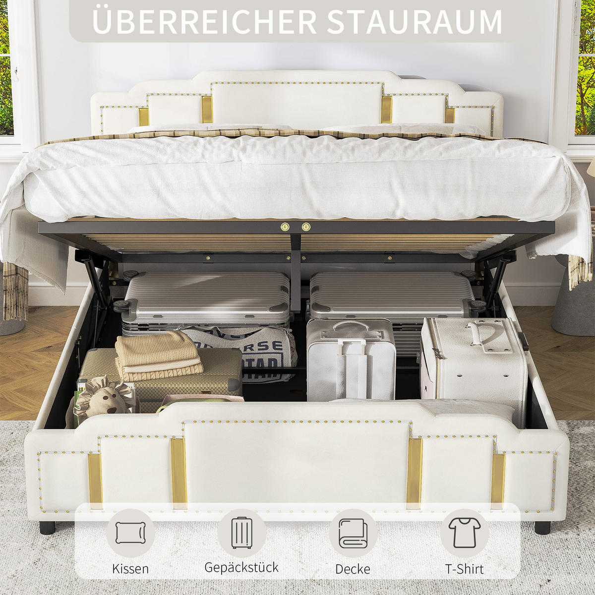POLSTERBETT 160/200 cm Beige mit Hydraulisches Staufach und LED-Ambientebeleuchtung - Beige, Textil (160/200cm) - Oxeza