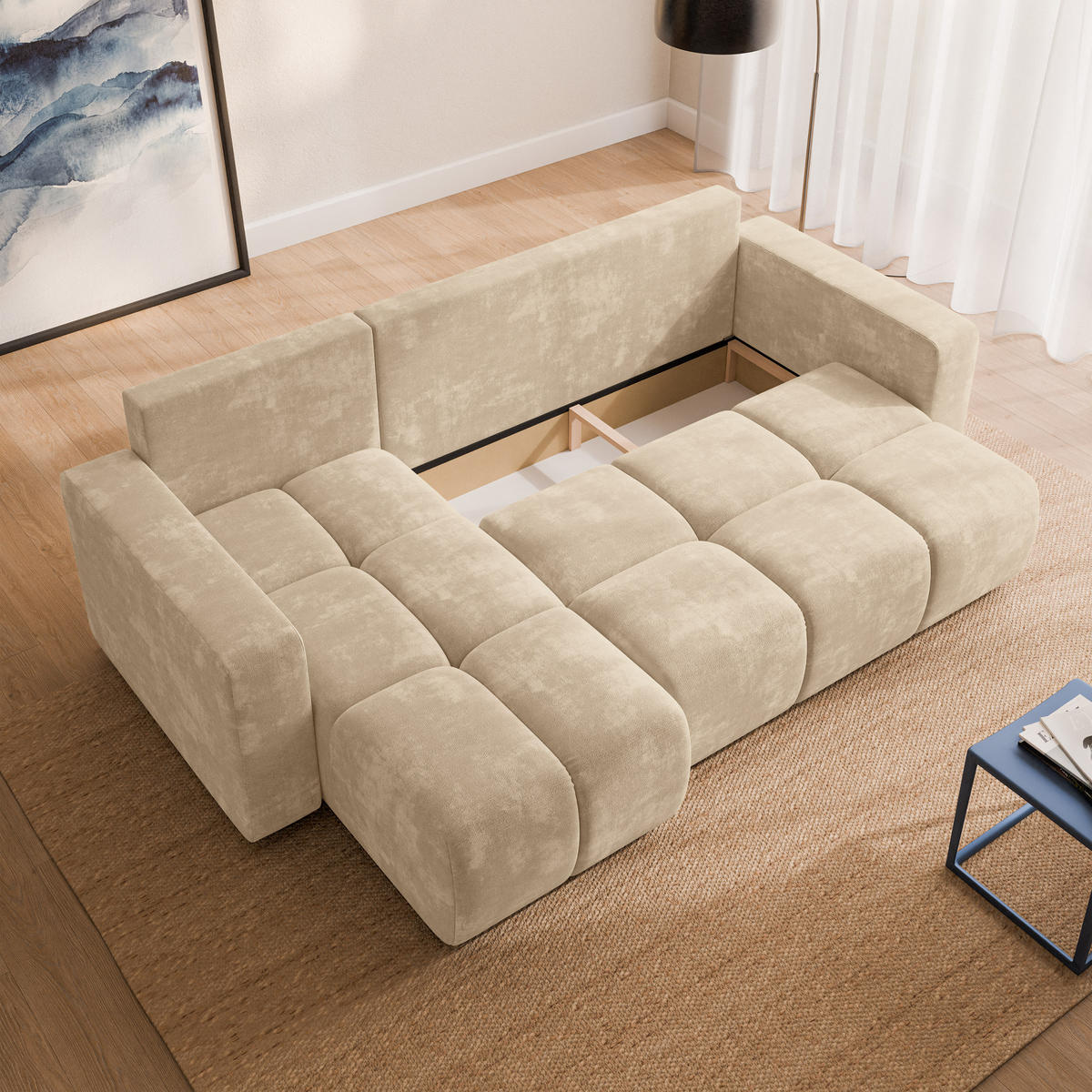 ECKSOFA RAMIL Creme Chenille mit Schlaffunktion - Creme, Holz (240/149cm) - MASSENO