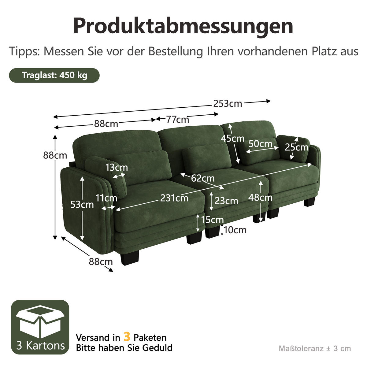 3-SITZER-SOFA Chenille mit Lenden- und Armkissen, DE-42686, Grün - Grün, Holz (253/88/88cm) - ComfortXL