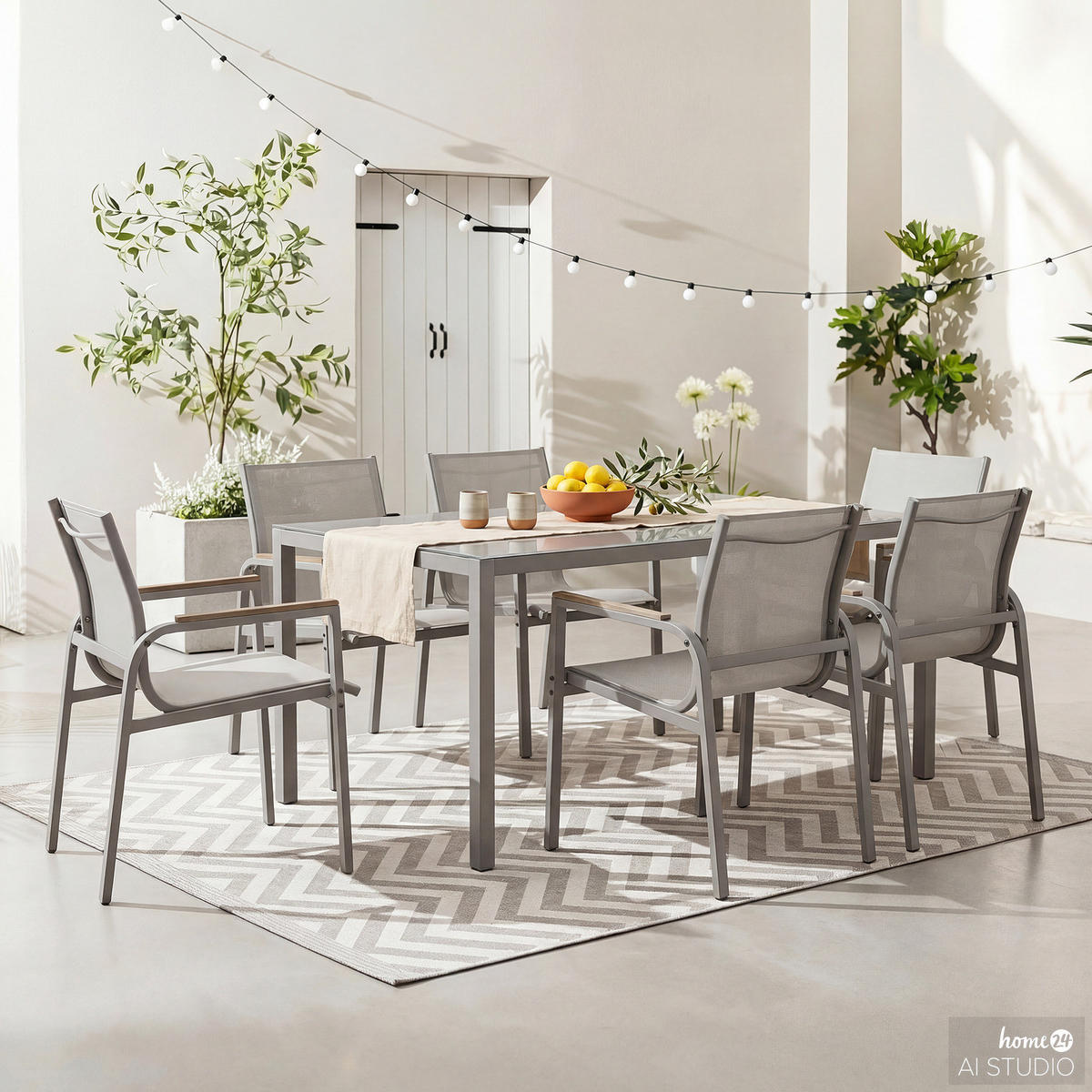 GARTENESSGRUPPE - 7-teilig - Stahl / Glas / Olefin - Taupe, Glas/Textil - home24