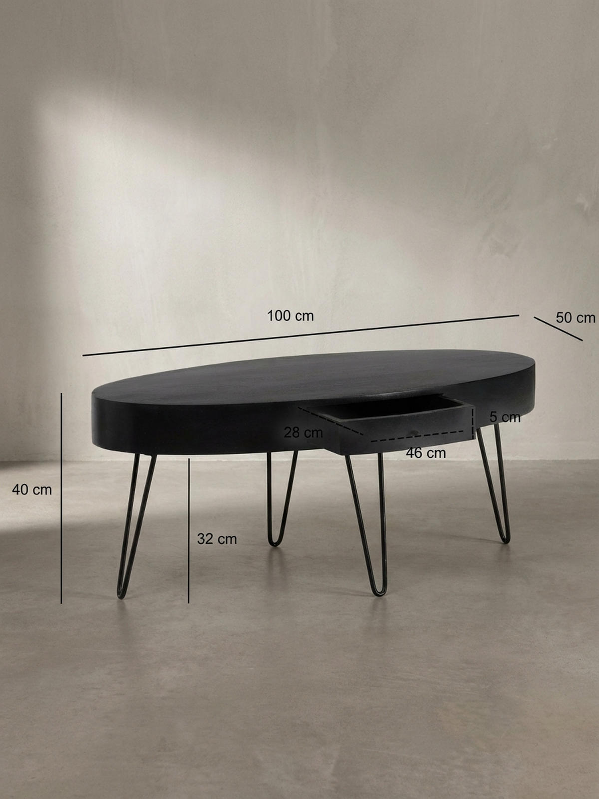 COUCHTISCH in Mango-Massivholz und Metall, 100x50x40 cm, Oval, mit Schublade, Stauraum und Haarnadelbeinen - Schwarz, Holz/Metall (50/100/40cm) - KADIMA DESIGN