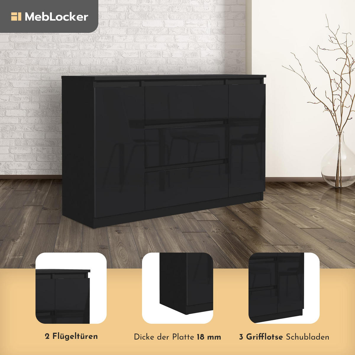 KOMMODE mit 3 Schubladen 2 Schranktüren 120 cm Schwarz mit HochglanzFronte - Schwarz Hochglanz, Holzwerkstoff (120.4/78.2/39cm) - MebLocker