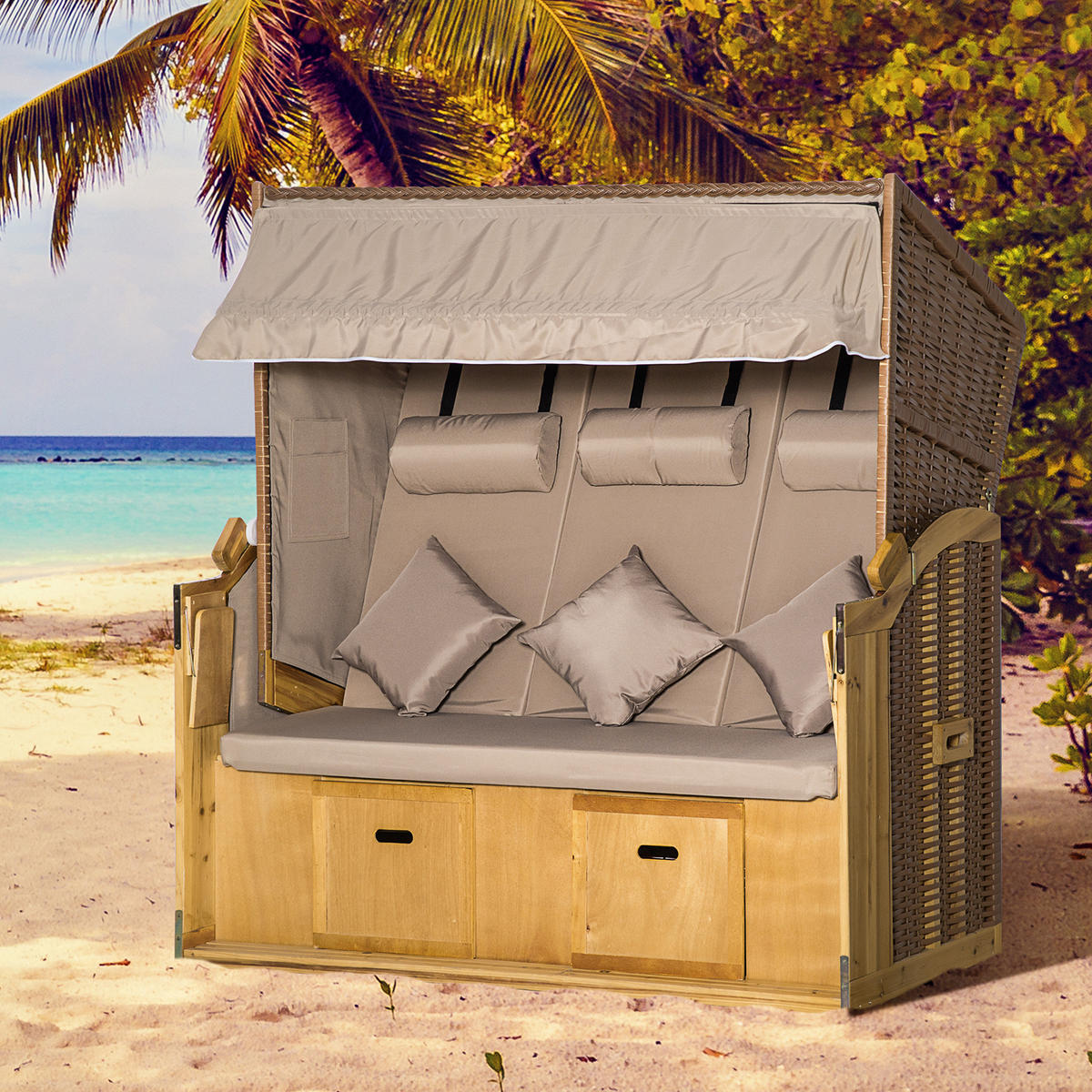 STRANDKORB, 3-Sitzer Sonnenliege mit Dach, 2 Klapptischen, XXL Polyrattan, Natur - Naturfarben, Metall (79/160/150cm) - Outsunny