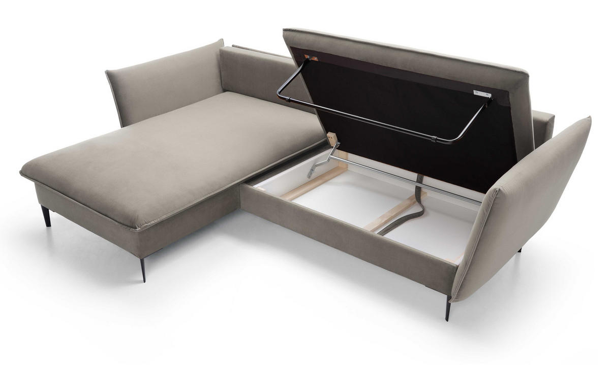 ECKSOFA Flavio mit Schlaffunktion, Bettkasten 260 cm, Links, Grau - Grau, Holz (258/167cm) - Emporius