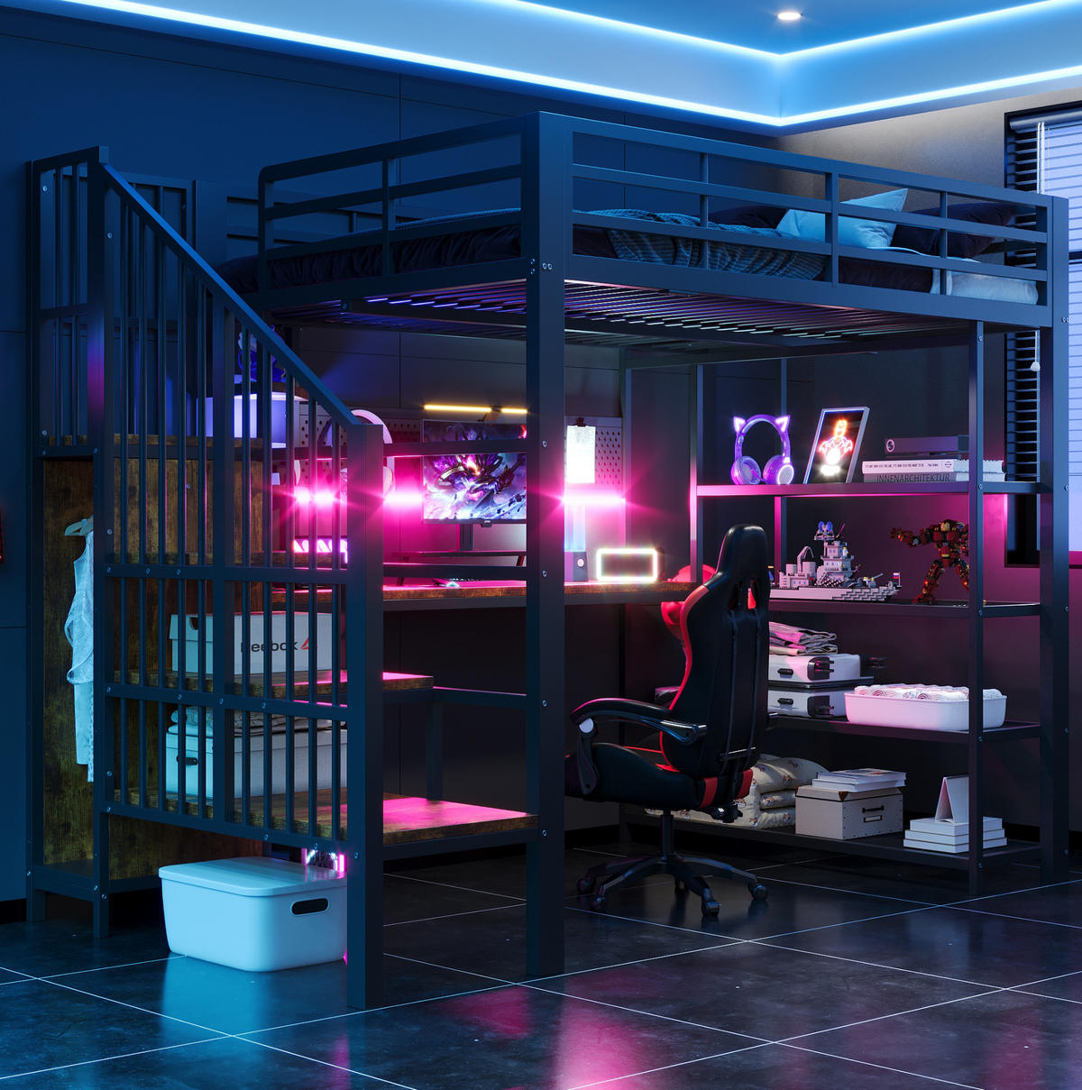 HOCHBETT 140/200 cm aus Metall und Holzwerkstoffen mit Treppe, Schreibtisch, Regal und LED Schwarz - Schwarz, Metall (140/200cm) - Modenvie