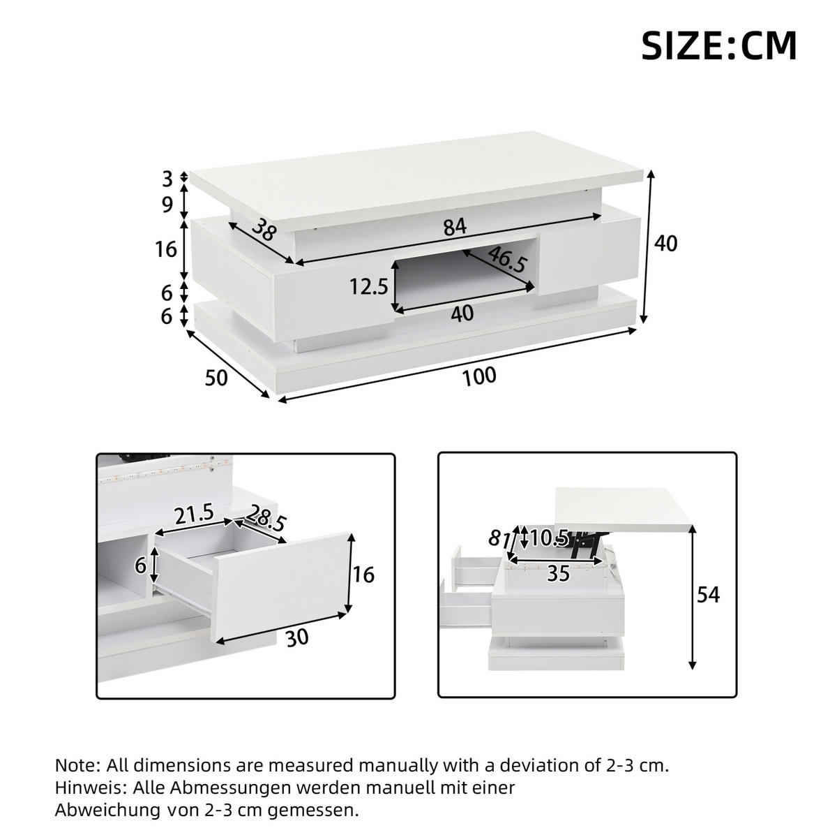 KONFERENČNÝ stolík z drevotriesky, 100/50/40 cm biely, výškovo nastaviteľný s LED - biela, kompozitné drevo (100/50/40cm) - BEAOK