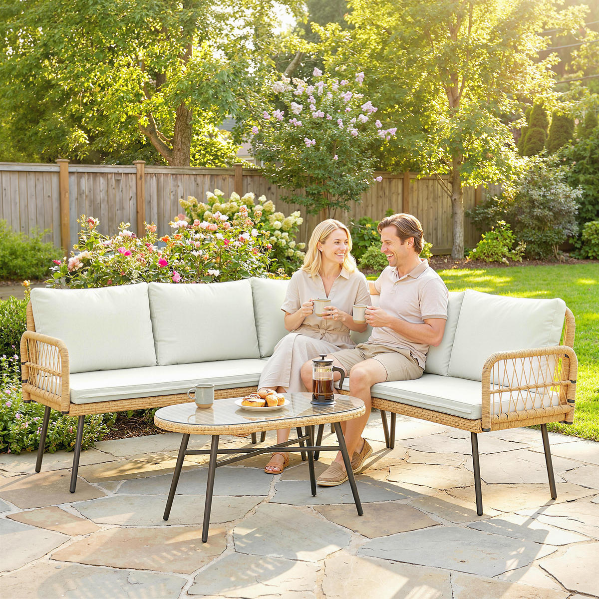 LOUNGESET 4 TLG. aus Polyrattan Stahl Cremeweiß - Transparent/Creme, Kunststoff/Metall - Outsunny