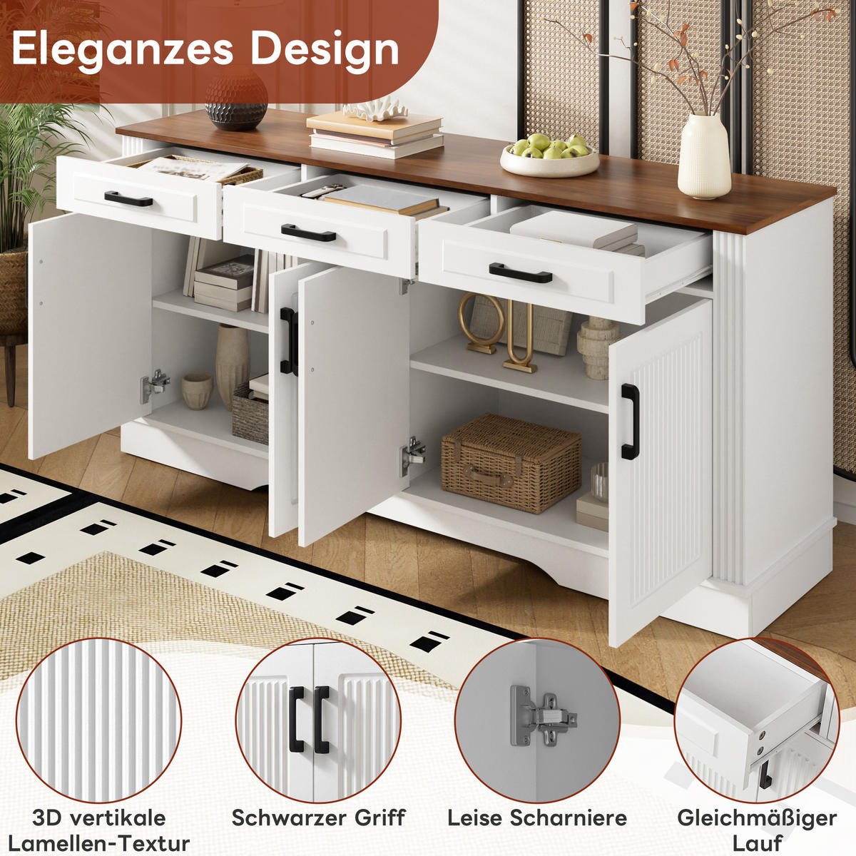 SIDEBOARD 3D Front 4 Türen 3 Schubladen MDF - Weiß, Holzwerkstoff (160/75/40cm) - FLIEKS