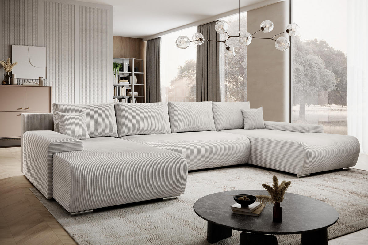 ECKSOFA Credo mit Schlaffunktion und Bettkasten, Couch U-Form, 348x81x185 cm, Beige - Beige, Holz (348/170cm) - PROMETO Möbel