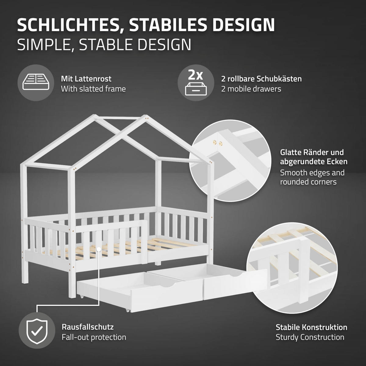 HAUSBETT mit Matratze 70x140 cm und 2 Schubladen Weiß aus Kiefernholz - Weiß, Holz (70/140cm) - ML-DESIGN