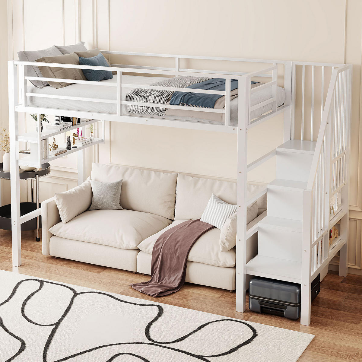 HOCHBETT 90/200 cm Weiß aus Metall und MDF mit Stauraumleiter - Weiß, Metall (90/200cm) - OKMYHOME