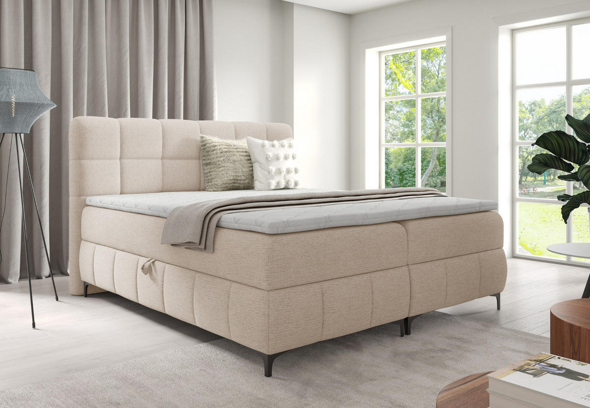 BOXBETT mit Stauraum und Topper 180x200 cm Hellbeige - Beige, Textil (180/200cm) - Home Collective