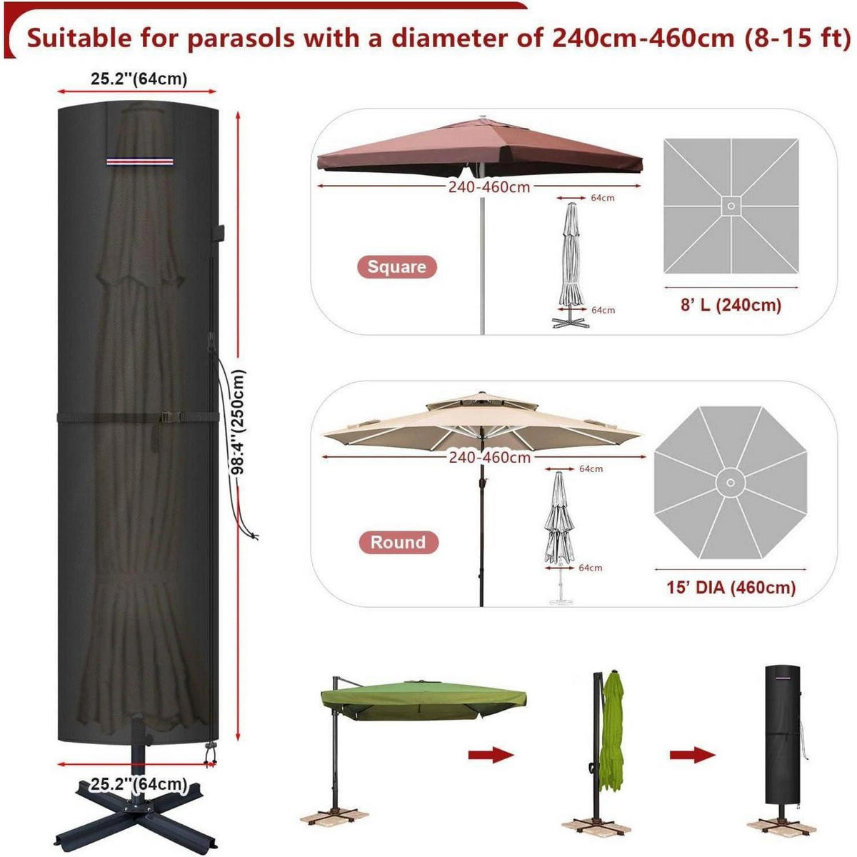SONNENSCHIRM Schutzhülle 250 x 64/64 cm 420D Oxford wasserdicht mit Stab - Schwarz, Kunststoff (64/250/250cm)