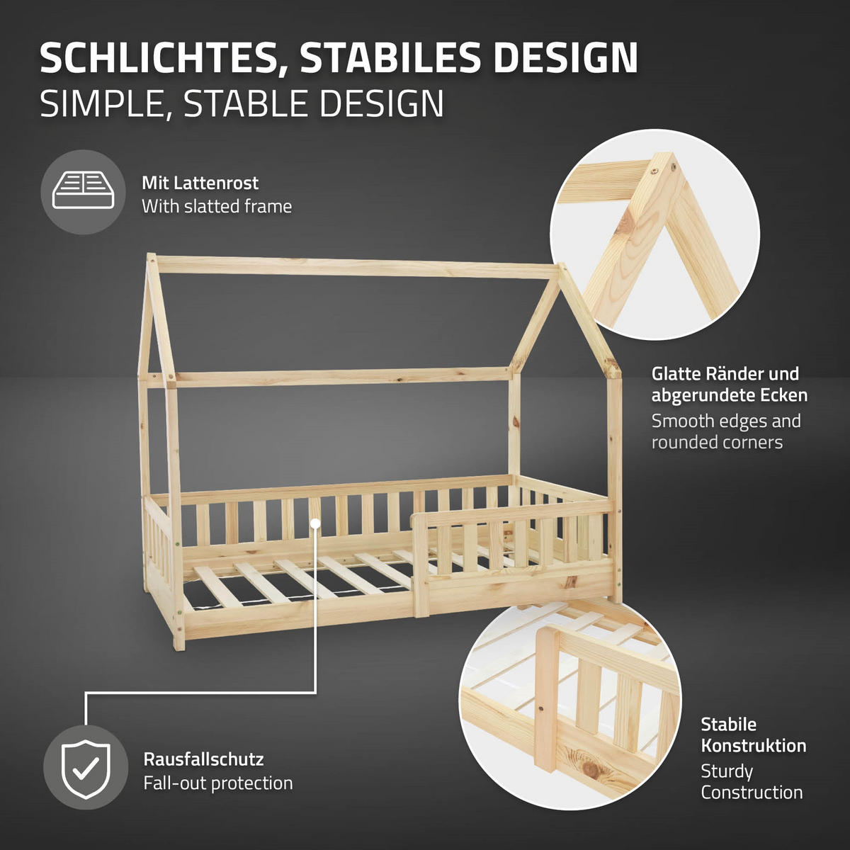 KINDERBETT mit Dach und Matratze 80x160 cm Natur - Naturfarben, Holz (88/132/165cm) - ML-DESIGN