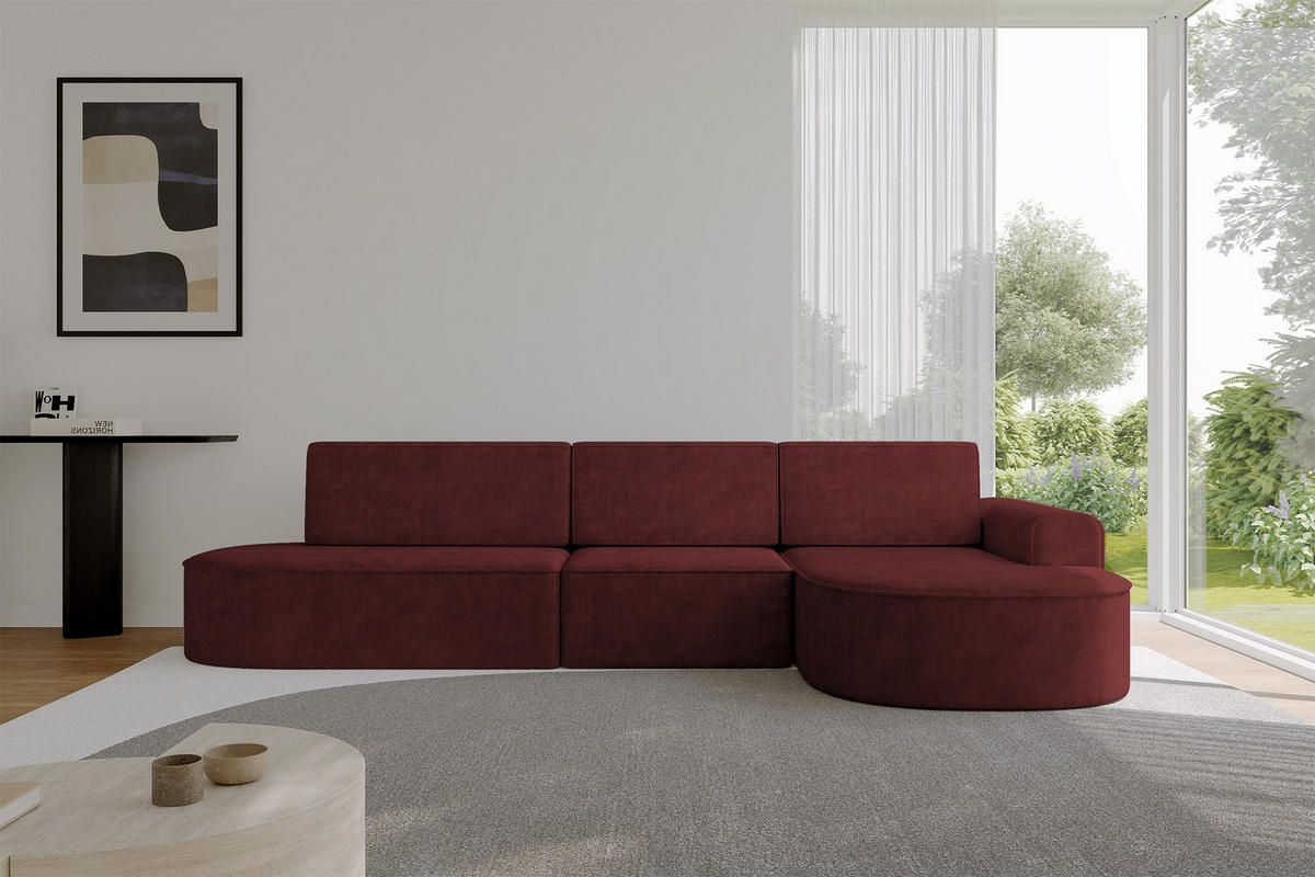 ECKSOFA mit Schlaffunktion Ottomane RECHTS MARI L2-S 368X167X85 Bordeauxrot Velours - Bordeaux/Schwarz, Holzwerkstoff/Kunststoff (167/368cm) - ALTDECOR