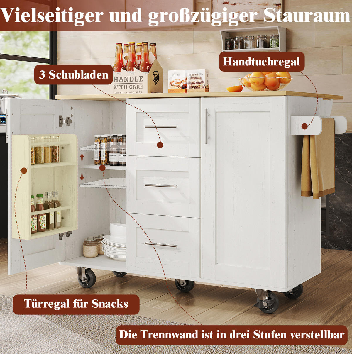 KÜCHENINSEL 135/46-74/86,6 cm weiß und Metall mit klappbarer Tischplatte - Weiß, Holzwerkstoff (135/87.2/74cm) - OKWISH