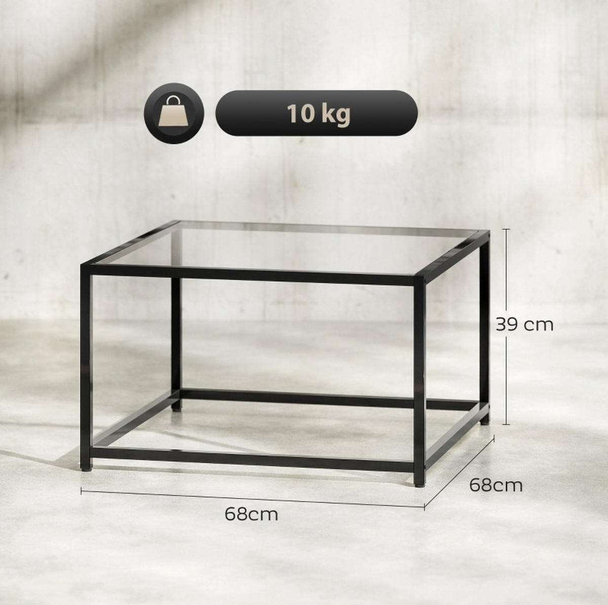 COUCHTISCH 68/68 cm aus gehärtetem Glas und Stahlgestell in Schwarz - Schwarz, Glas (68/68/39cm) - BEAOK