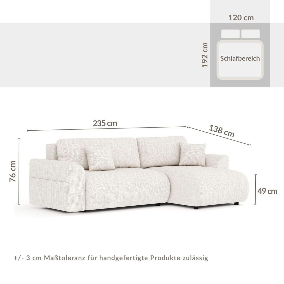 ECKSOFA MIT SCHLAFFUNKTION Bodega Creme Chenille - Creme/Schwarz, Holz/Holzwerkstoff (235/138cm) - Maison de Reve