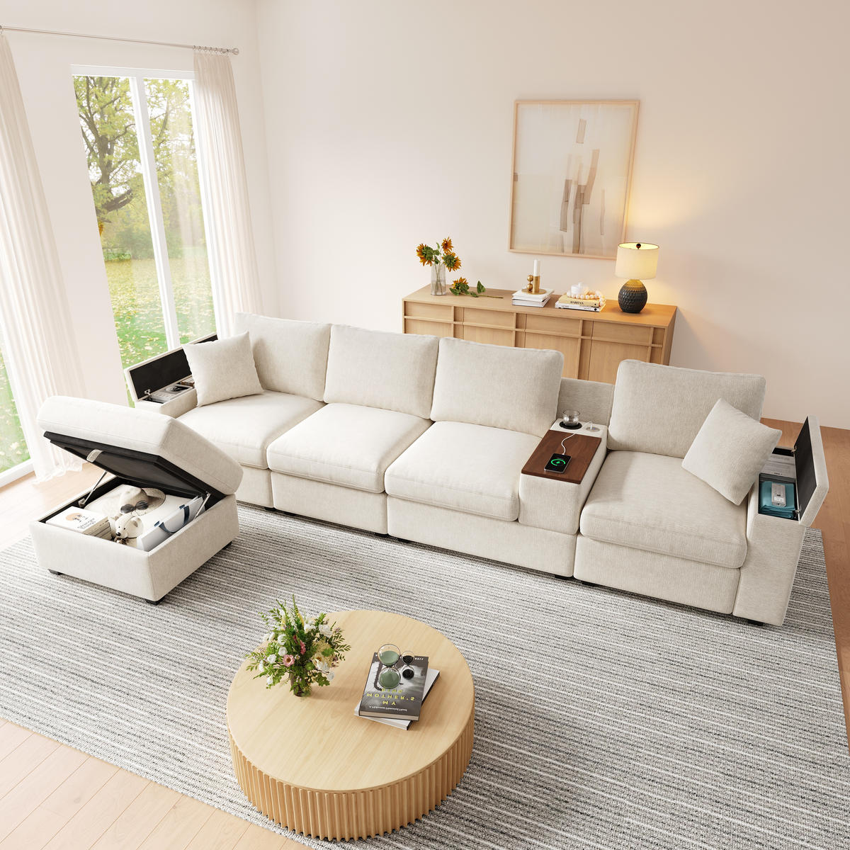 ECKSOFA mit USB/Type-C, Stauraum und drehbarem Couchtisch - Beige, Textil (313/147cm) - EVRYAE