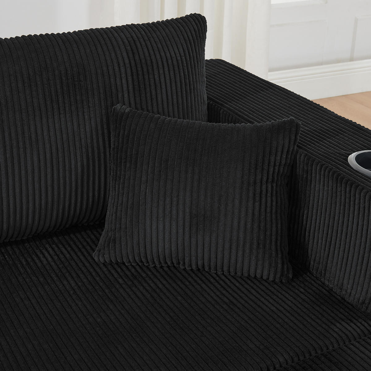 WOHNLANDSCHAFT mit 2 Ottomanen, Getränkehaltern und Seitentaschen aus Cord - Schwarz, Textil (230/75/138cm) - EVRYAE