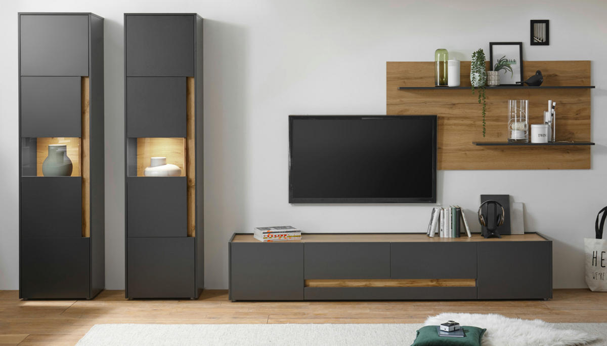 WOHNWAND 4-teilig grau matt, Eiche Wotan 400 cm, Kombination mit XL-TV-Schrank - Eiche Wotan/Grau, Glas/Holz (400/197/45cm) - Furn.Design