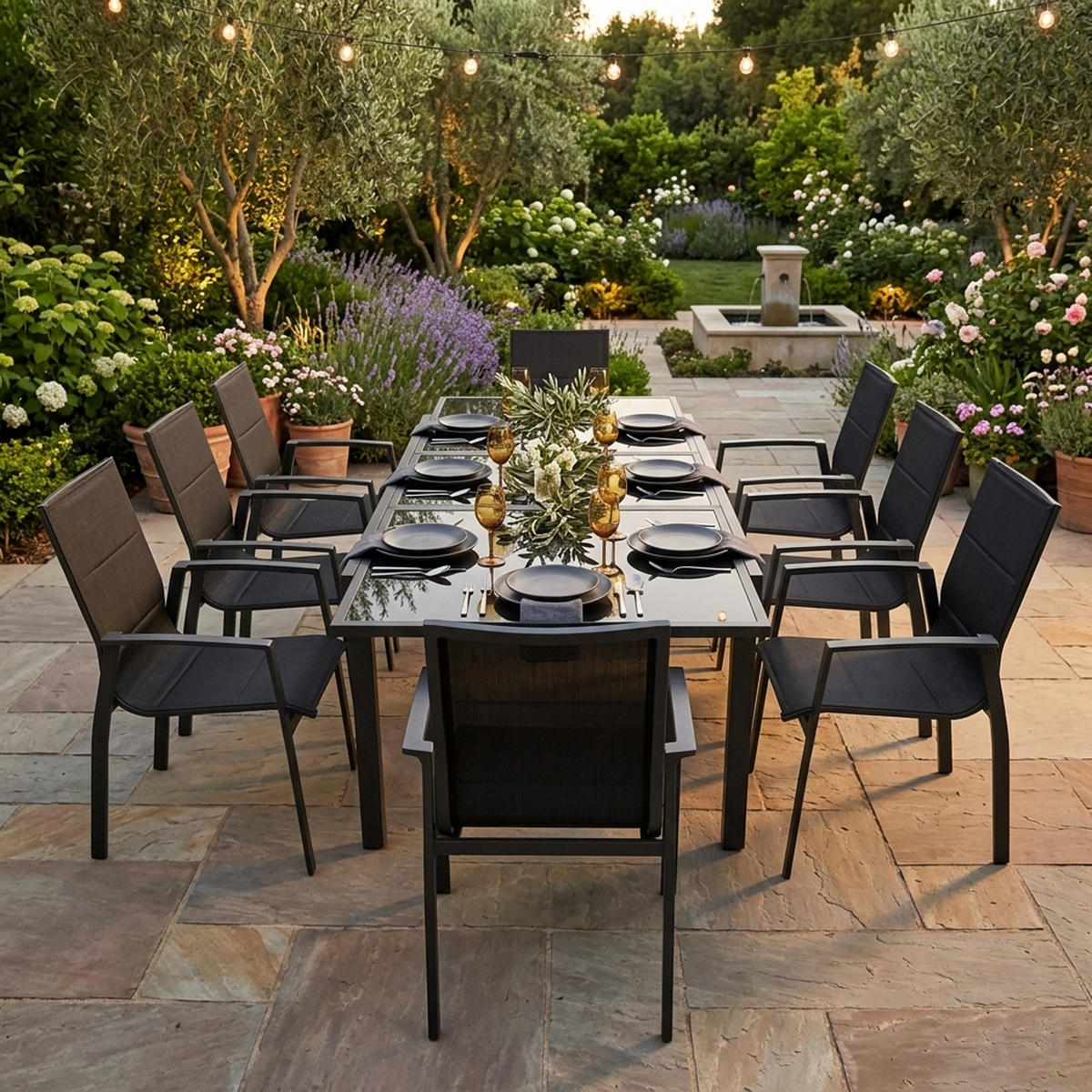 GARTEN-GARNITUR Ashford - 9-teilige Garten-Essgruppe (8x Stapelsessel mit Aluminiumgestell schwarz, Bespannung Textillehne schwarz - Schwarz, Metall - TPFGarden