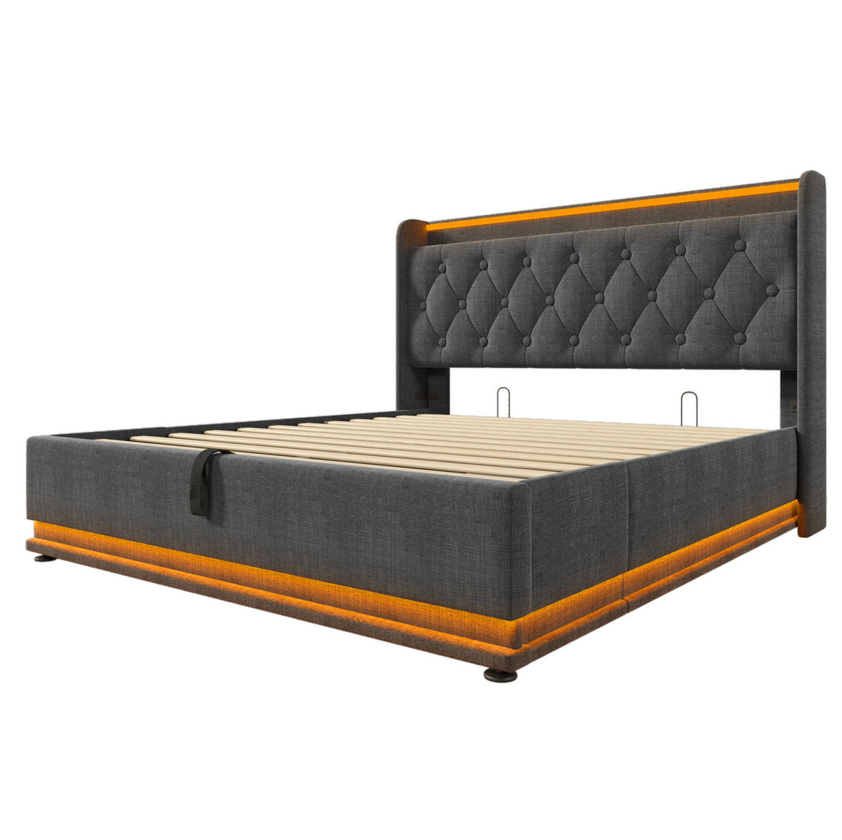 BETT mit LED und Stauraum 140x200 cm Leinen Grey inkl. Matratze - Grau, Metall (140/200cm) - Meubliv
