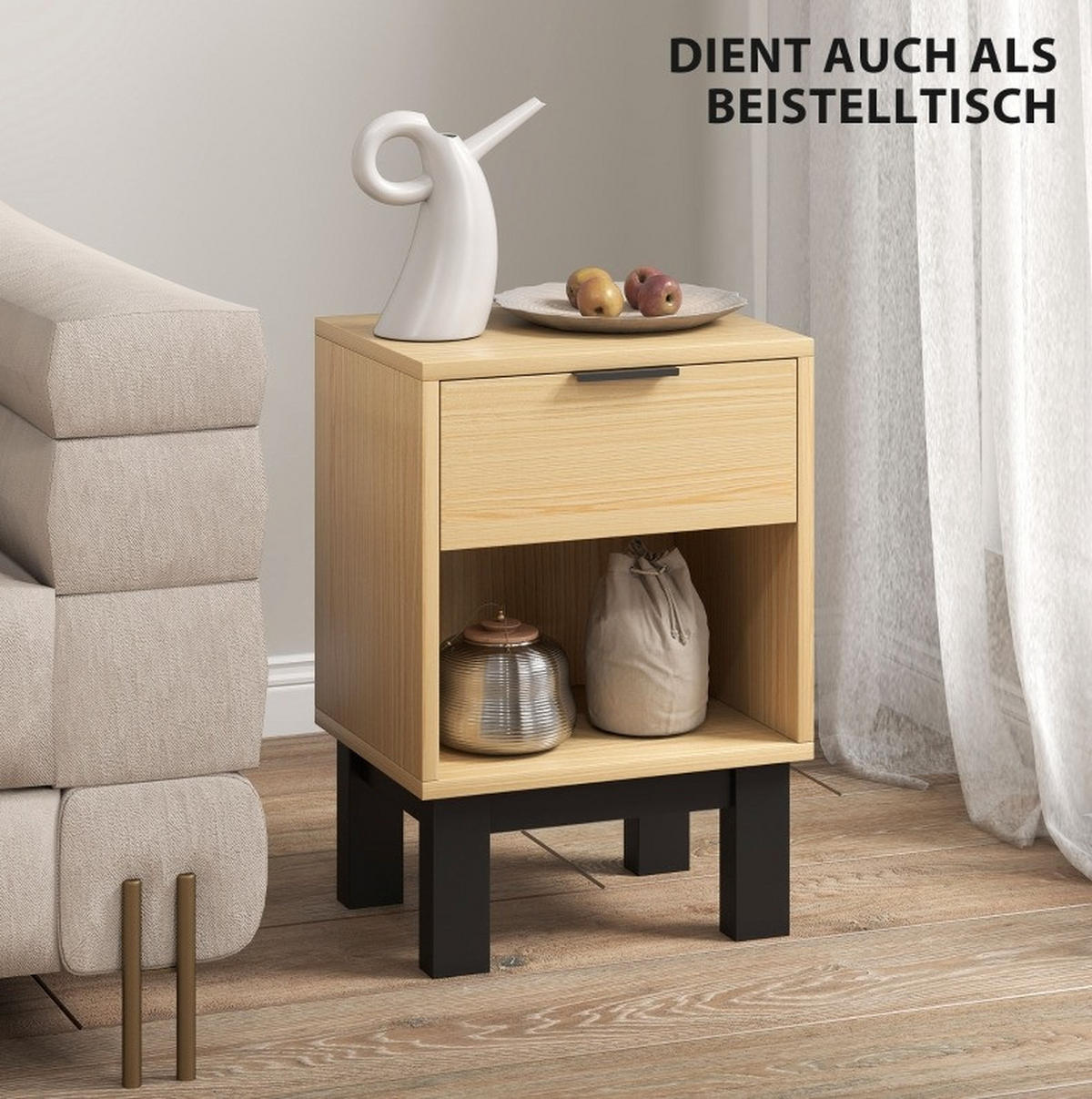 NACHTTISCH 35/26/50 cm in Eiche mit Schublade & offenem Fach - Braun, Holz (26/50/35cm) - BEAOK