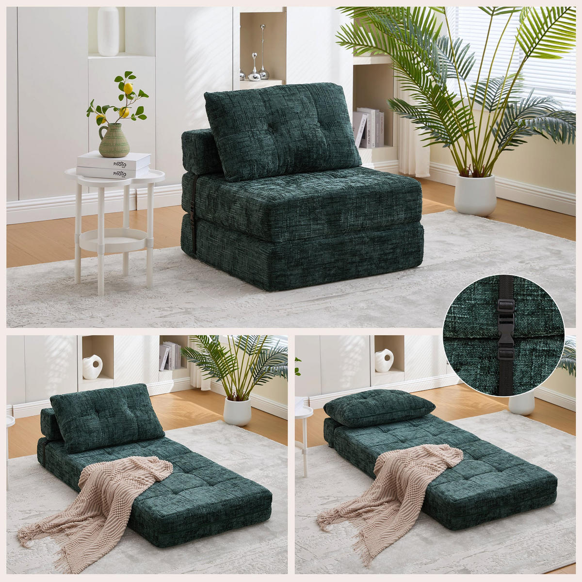 KLAPPBARER Chenille-Sessel mit Kissen, 79 x 79 x 57 cm, Grün - Dunkelgrün, Textil (79/57/79cm) - Urban Meuble