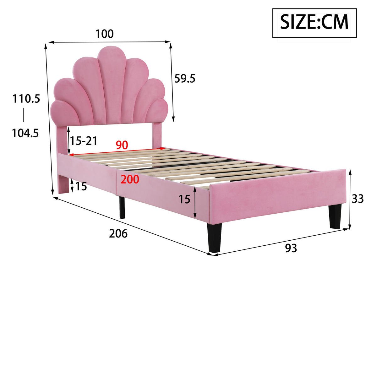 POLSTERBETT 90/200 cm Rosa mit Blumen-Kopfteil aus Samt inkl. Lattenrost - Rosa, Textil (90/200cm) - OKWISH