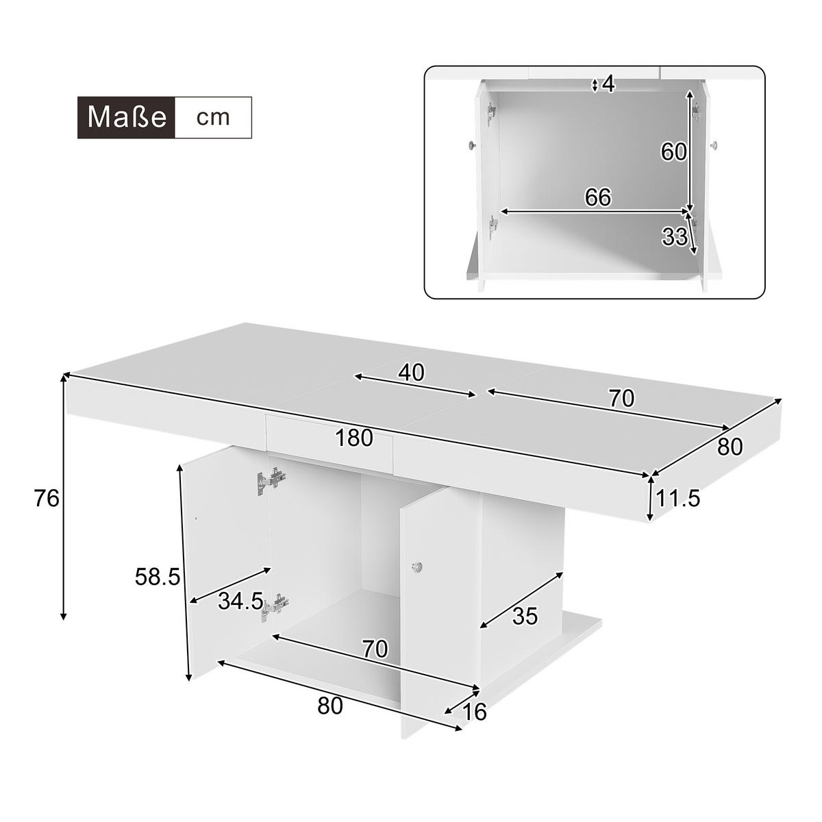 ESSTISCH 140-180x80x76 cm in Weiß aus Spanplatte und Metall mit Stauraum - Weiß, Holzwerkstoff (80/180/76cm) - Modfu