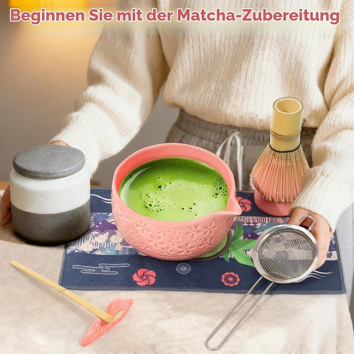 MATCHA Set 7-teiliges Set Keramikschale Bambusbesen Edelstahlsieb Rosa - Rosa, Keramik (14.7/13/19cm)