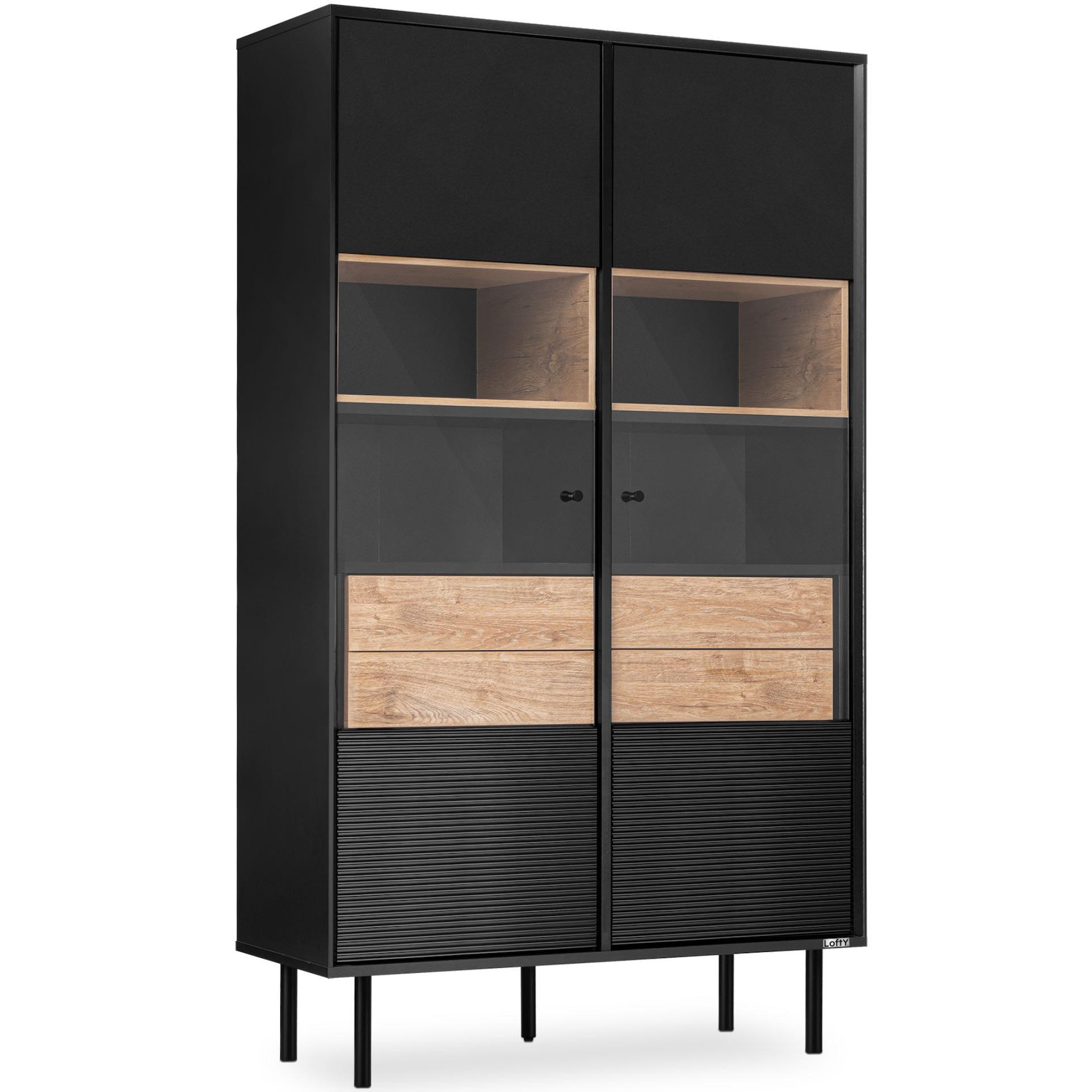 VITRINENSCHRÄNK LOFTY Außenseiteneinlage, schwarz / Eiche natur - Eichefarben/Multicolor, Holzwerkstoff (102/174/41cm) - KONSIMO®