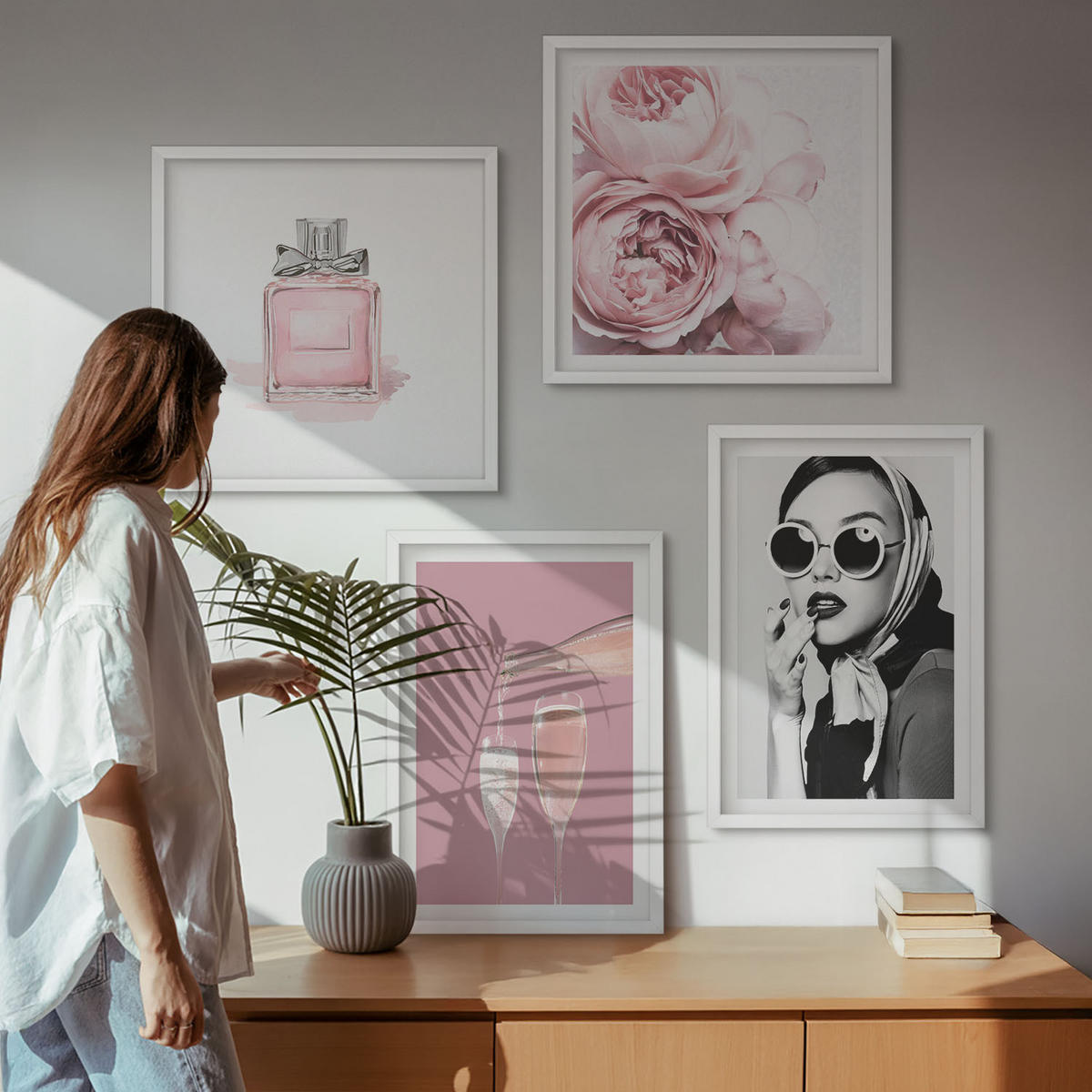BILDER SET 4er Set - 50x50 cm & 40x60 cm Weißer Rahmen - Stilvolle pinkfarbene Accessoires - Weiß, Kunststoff (50/50cm) - TULUP