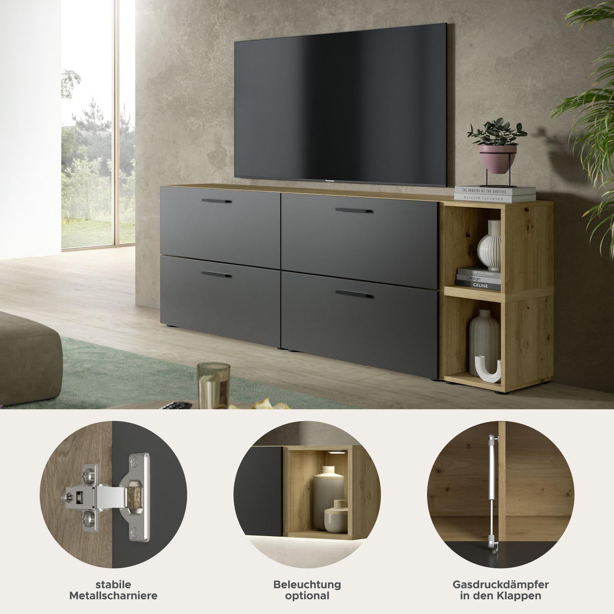 WOHNWAND The One Basalt grau 176/34/67 cm - Braun, Holzwerkstoff (176/67/34cm) - Xonox