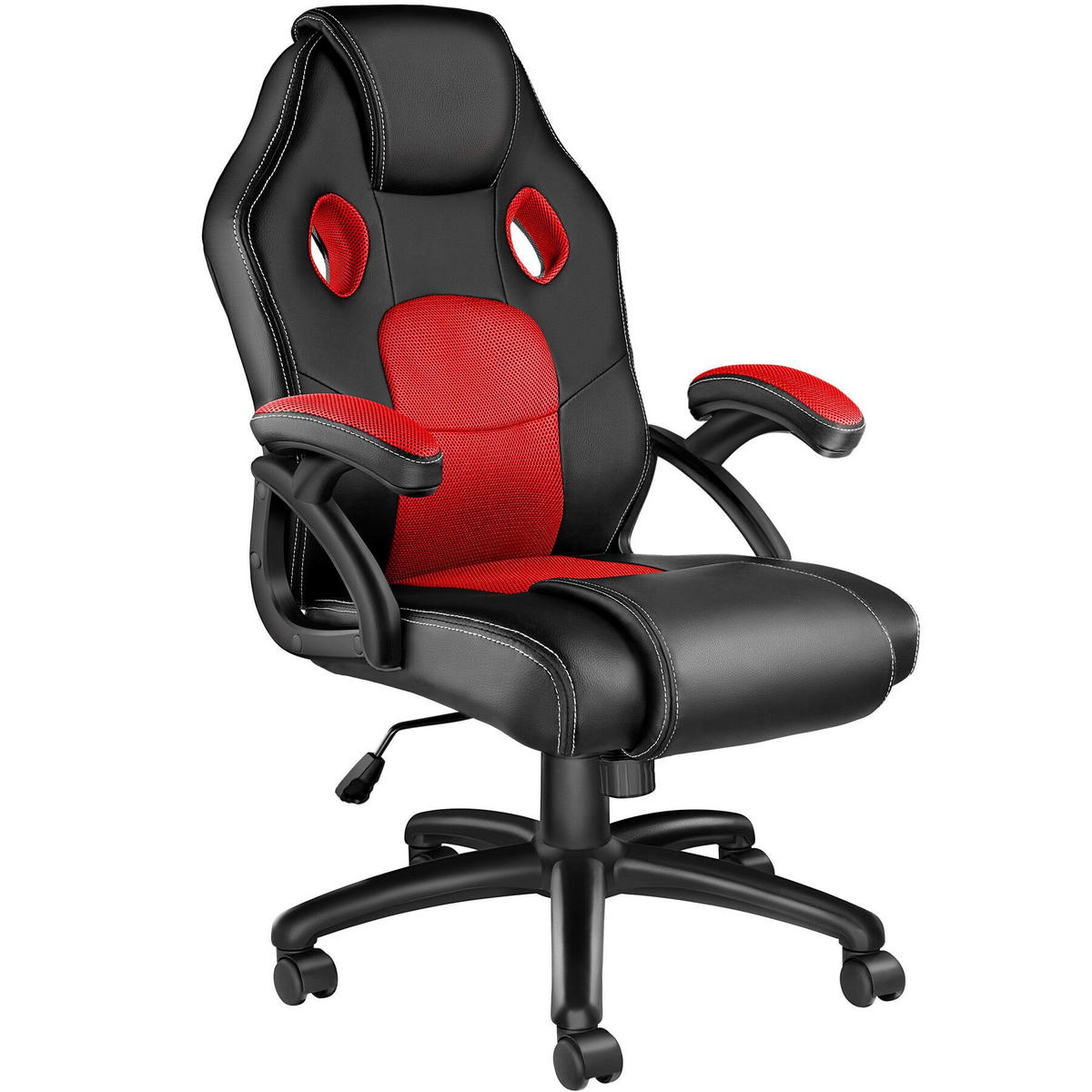 BÜROSTUHL Mike, stufenlos höhenverstellbar, schwarz/rot - Rot/Schwarz, Leder (68/114.5/69cm) - tectake