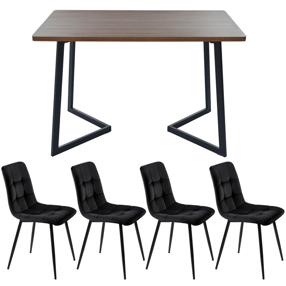 ESSGRUPPE Esstisch 4 Stühle MDF Walnuss Schwarz 5-tlg - Schwarz, Holzwerkstoff (117/75/68cm) - FLIEKS