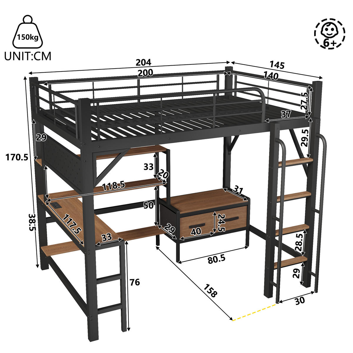 HOCHBETT 140x200cm, Eisen, Lochwand, Regale, Schubladen, Schreibtisch, USB, LED, Geländer, ohne Matratze, Schwarz - Schwarz, Holzwerkstoff (140/200cm)