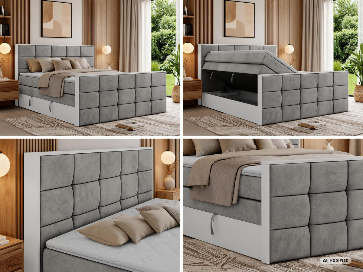 BOXSPRINGBETT ALVIT KING DUO 200/200 - Hellgrau Velvet - Topper Visco - H3 - Hellgrau/Schwarz, Kunststoff/Textil (200/200cm) - MKS