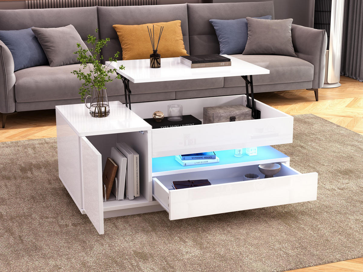 COUCHTISCH 90/50/34,5 cm Weiß aus Holzwerkstoff mit Hubfunktion LED und Stauraum - Weiß, Holzwerkstoff (90/50/34.5cm) - OKWISH