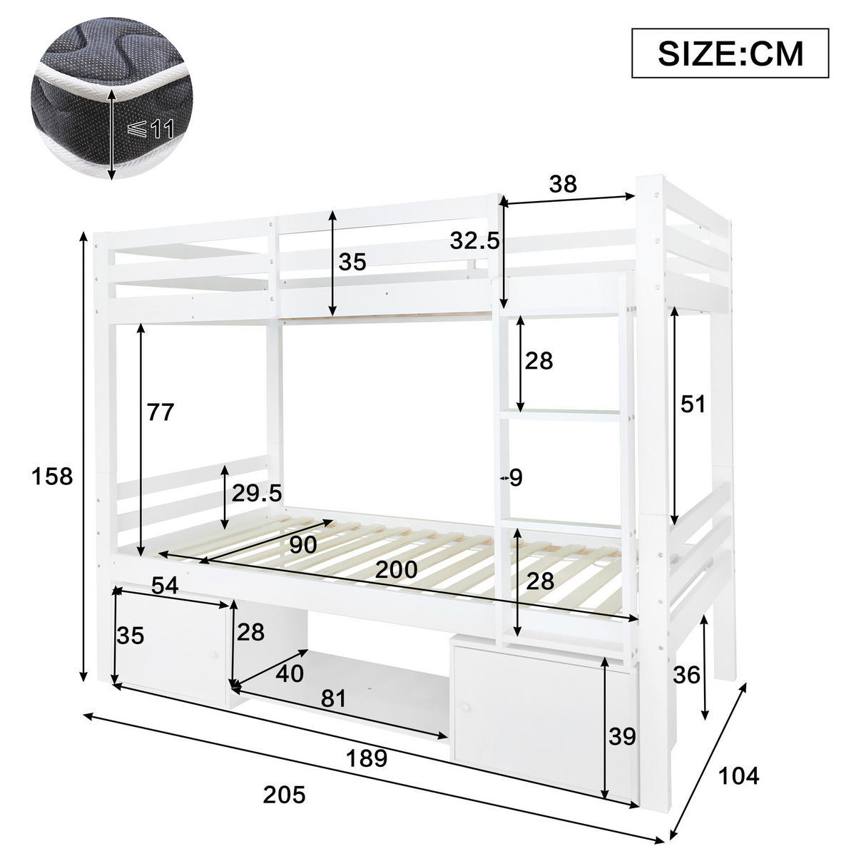 ETAGENBETT 90/200 cm Weiß mit Schuhregalen und Schließfächern aus Massivholz - Weiß, Holzwerkstoff (90/200cm) - OKWISH