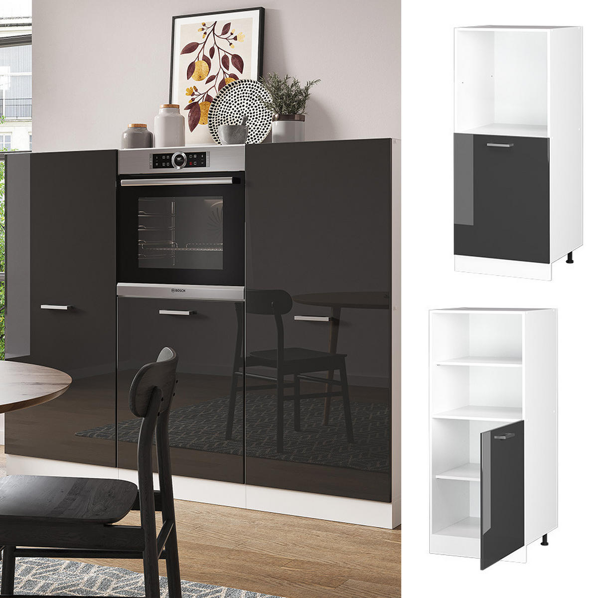 HERDUMBAUSCHRANK R-Line Anthrazit Hochglanz 60 cm - Schwarz Hochglanz/Weiß, Holzwerkstoff (60/143/57cm) - Vicco