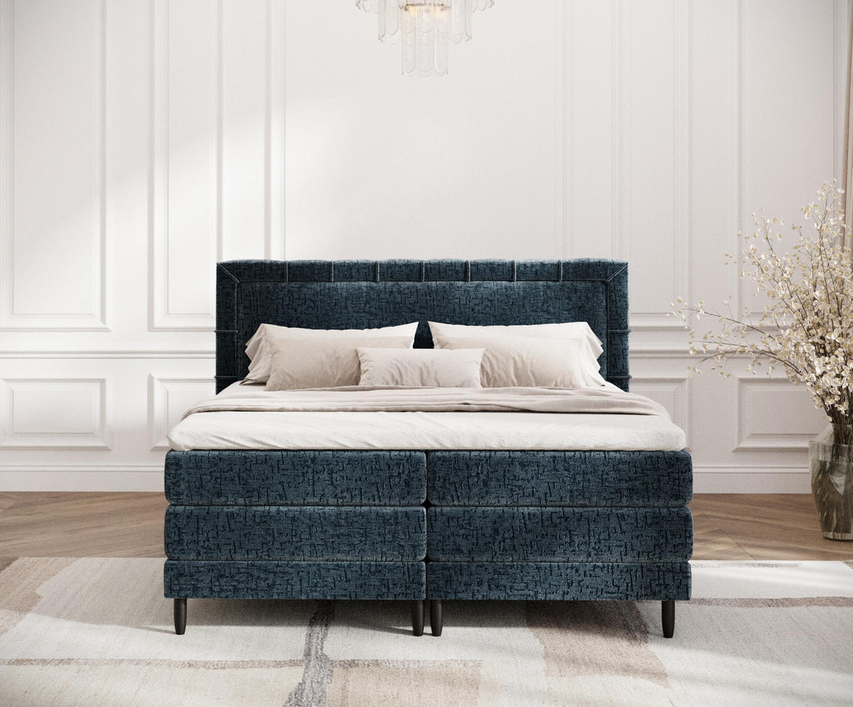 BOXSPRINGBETT Rimini Blau Grau 180/200 cm mit Matratze und Topper - Blaugrau/Schwarz, Holz/Holzwerkstoff (180/200cm) - Maison de Reve