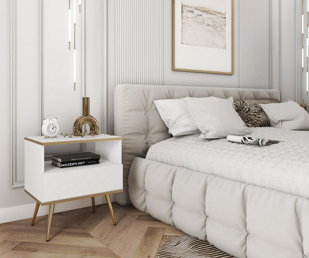 NACHTTISCH Weiß - S-54, Hochglanz, Schubladen Push-to-Open 54x39x59 cm Weiß/Gold - Goldfarben/Weiß, Holzwerkstoff/Kunststoff (54/59/39cm) - DomoHome