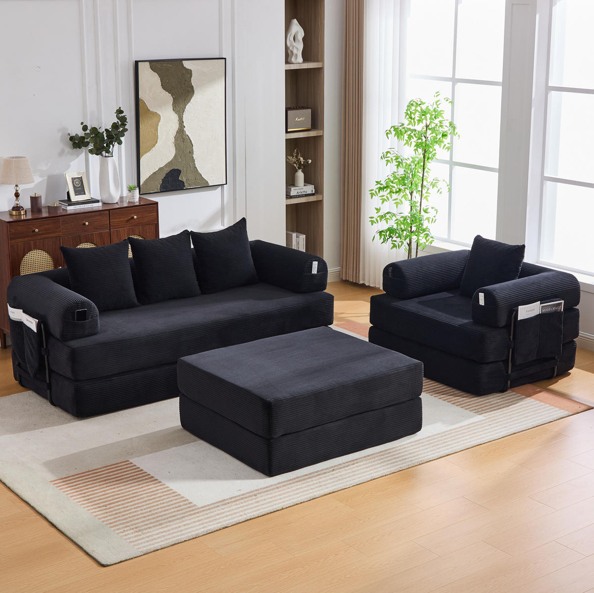 3-SITZER aus Cord 200x94x67 cm Schwarz mit Hocker, Metallgestell, Seitentasche und frei kombinierbaren Modulen - Schwarz, Textil (200/67/190cm) - Modfu