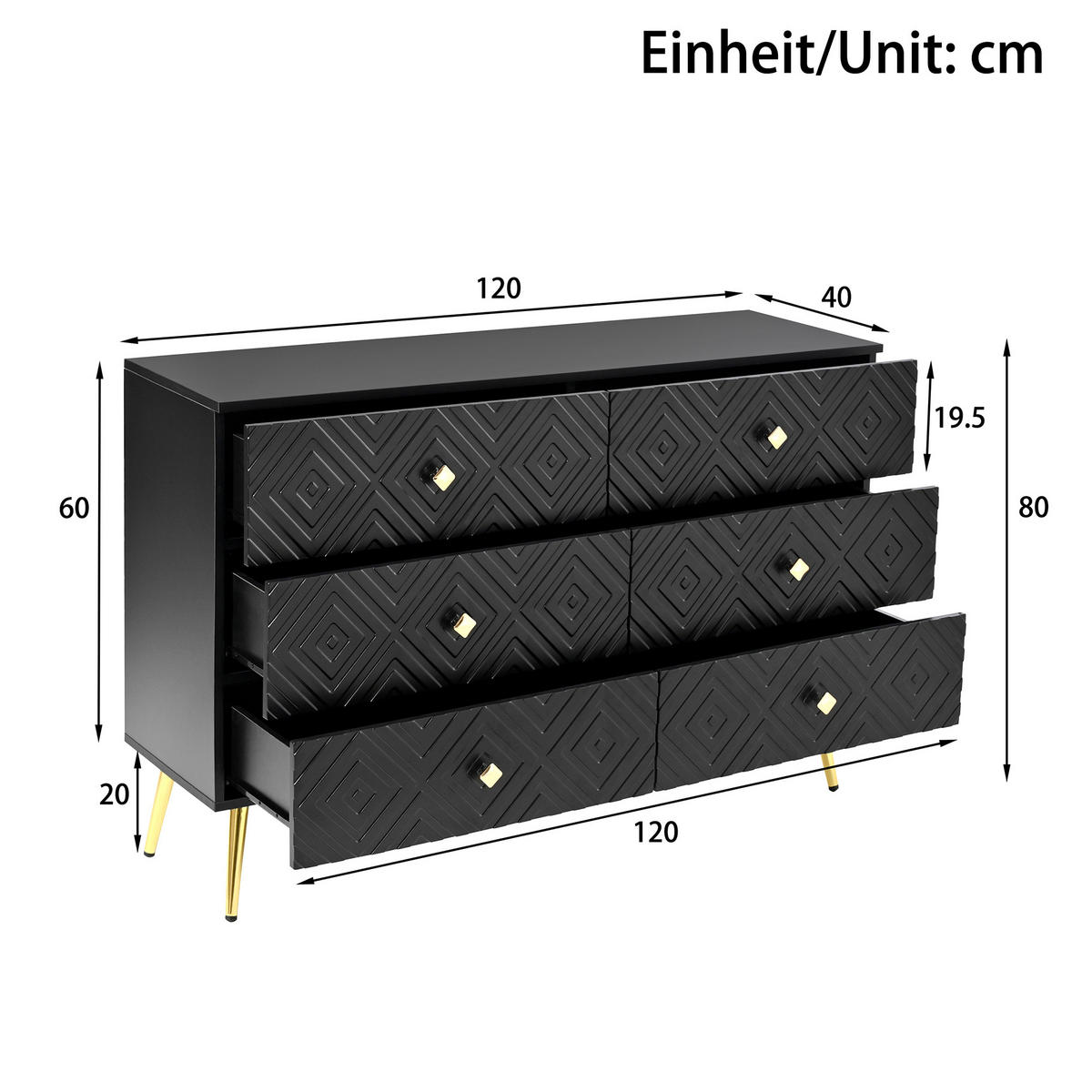 SIDEBOARD mit 6 Schubladen und geometrischem Muster Schwarz - Schwarz, Holzwerkstoff (40/80/120cm) - Urban Meuble