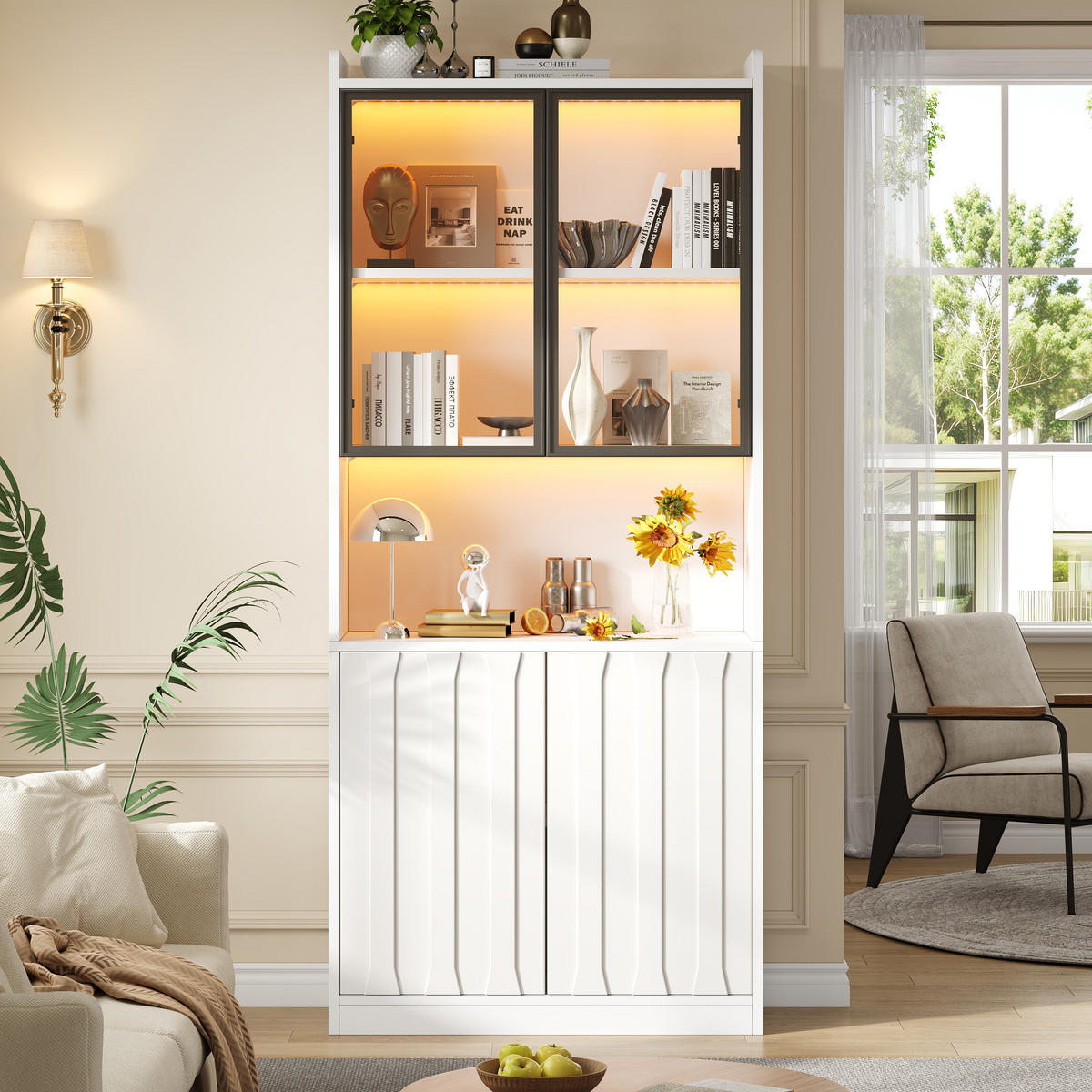 VITRINE 80x35x200 cm Weiß mit LED und Glastüren - Weiß, Holzwerkstoff (80/200/35cm) - FLIEKS