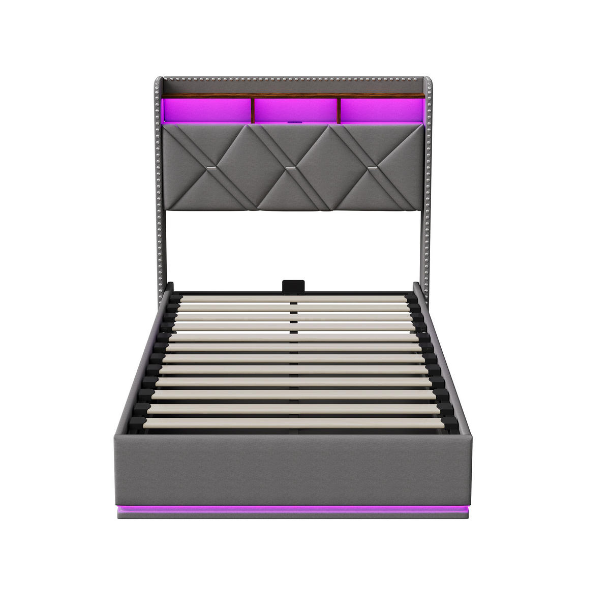 POLSTERBETT 90/200 cm Grau mit hydraulischem Stauraum, LED mit Ablage und USB - Grau, Metall (90/200cm) - EuroLiving