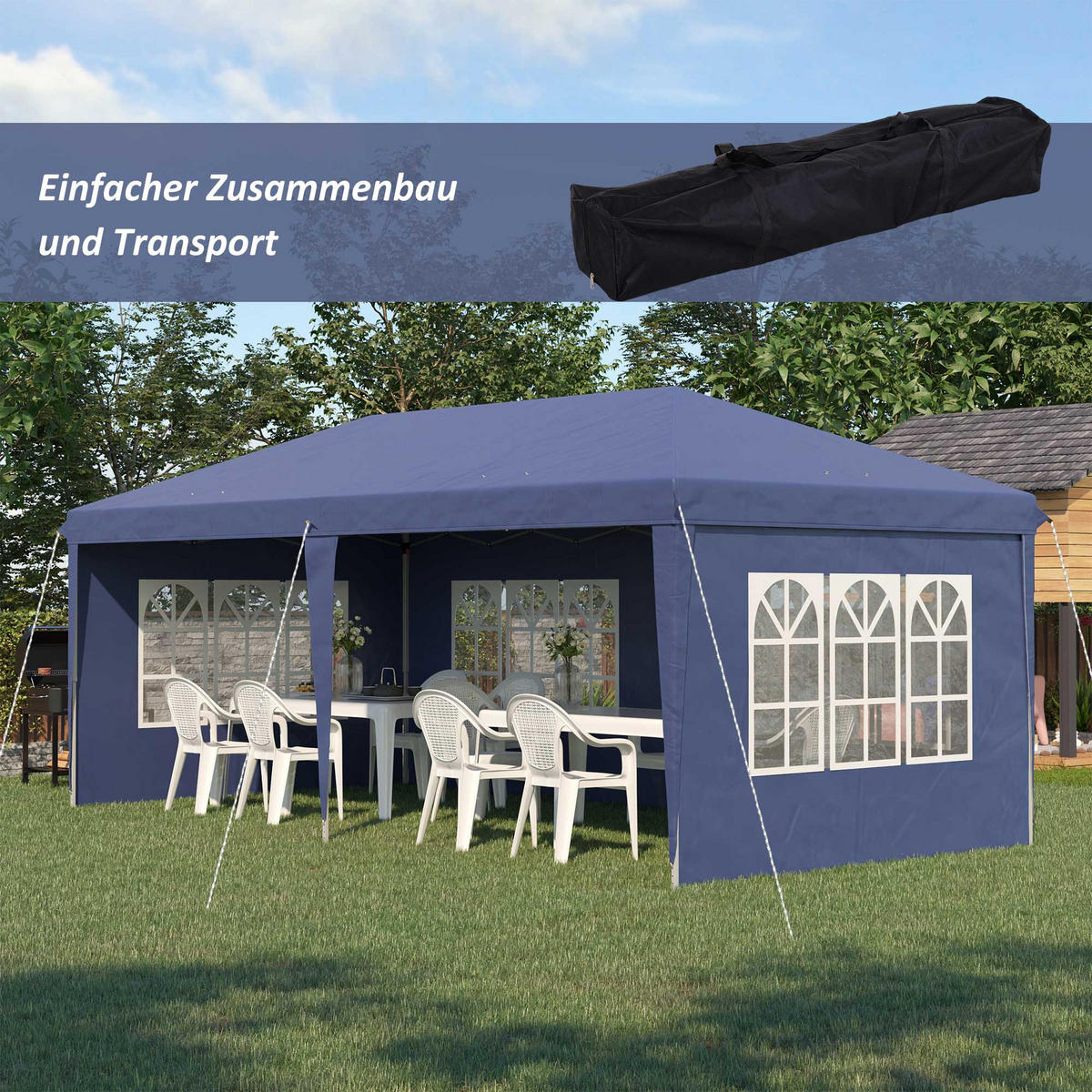 FALTPAVILLON, Weiß, Stahl, Polyester - Blau, Metall (295/270/585cm) - Outsunny